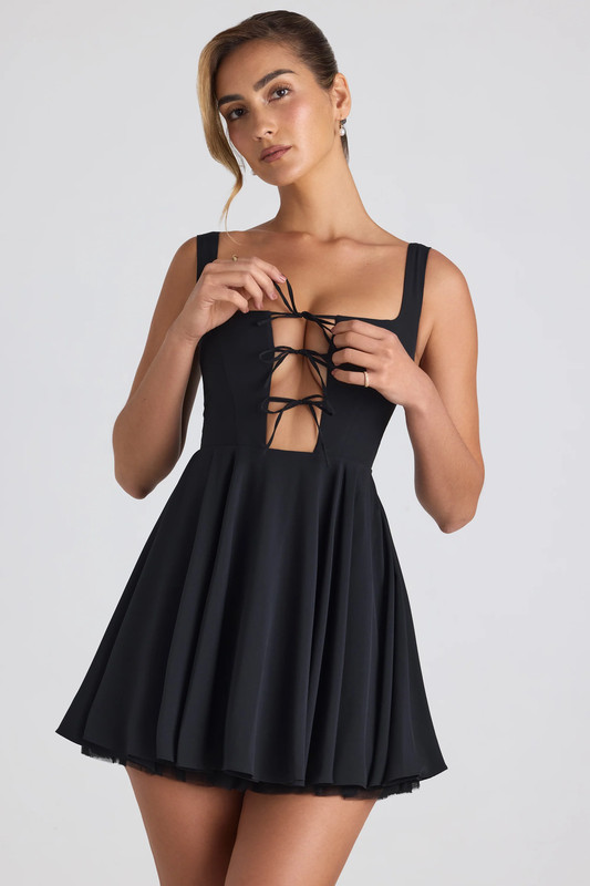 Tie-Detail A-Line Micro Mini Dress in Black - UK Size:10